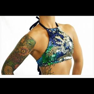 Green and Silver flip sequin rave set